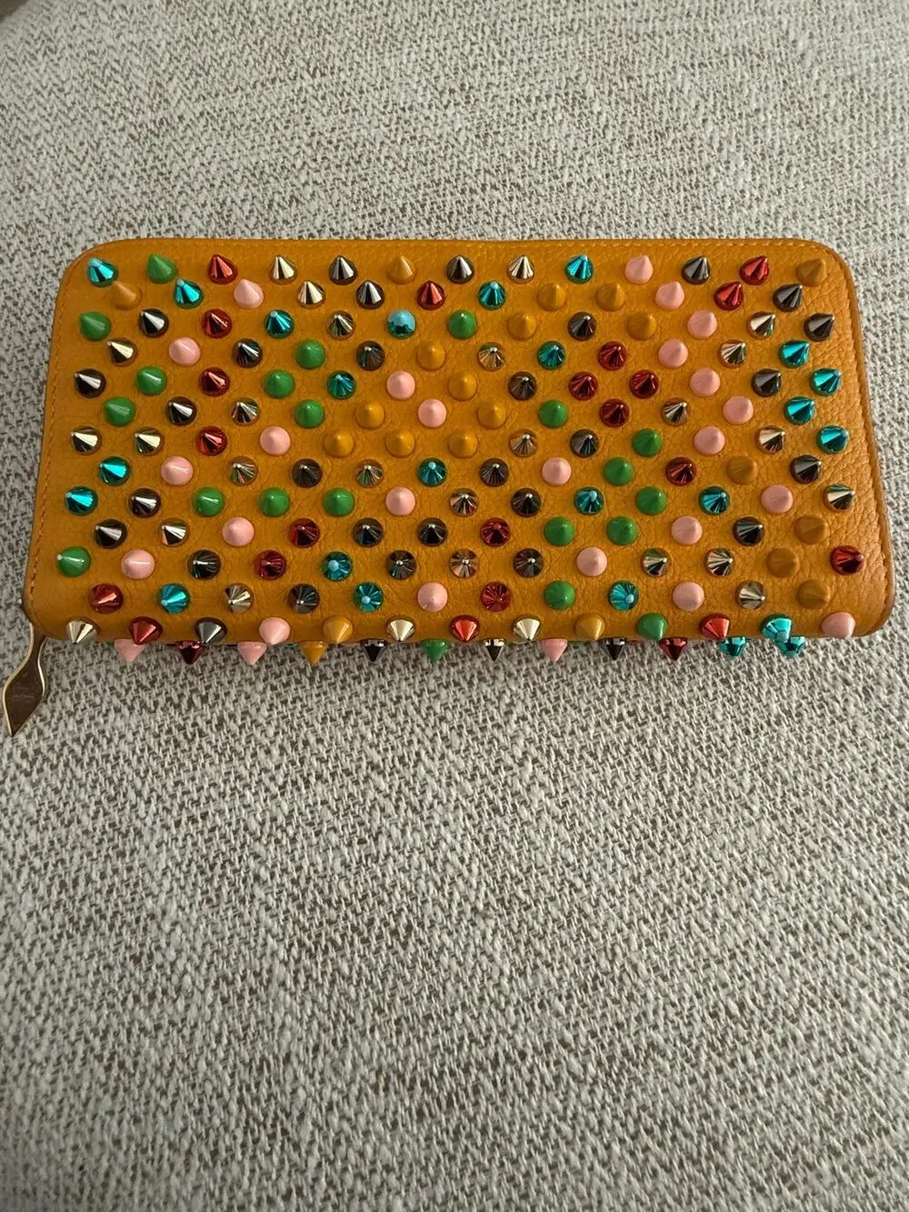 Christian Louboutin Yellow Multicolor Calfskin Panettone Spiked Zippy Wallet